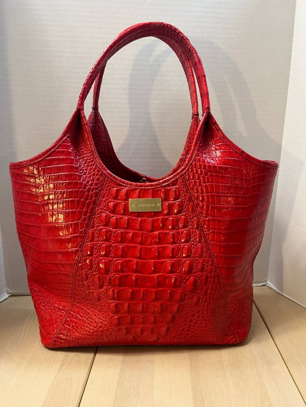 Brahmin Party Red Melbourne Shopper Leather Croc Print Tote Bag Gold Hardware
